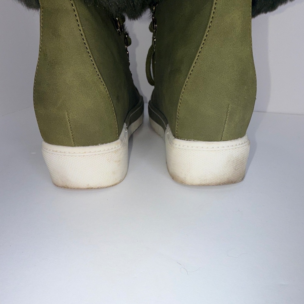Liliana Wedge Bootie Womens 8.5 Olive Green Faux Fur Lace Up Hidden Wedge Winter - Picture 7 of 11
